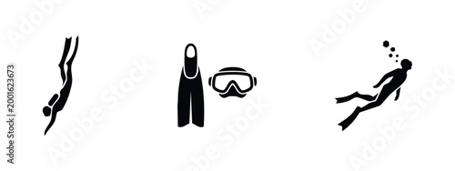 Foto Scuba diving icon set featuring black silhouettes of divers in action, a diving mask, and fins on a white background