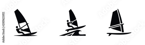 Tableau sur toile Set of minimalist black windsurfing icons and silhouettes on a white background, featuring surfers on waves and sailboard equipment