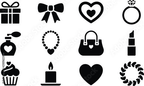 Black silhouette icons representing gifts jewelry and romantic symbols