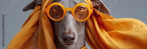 Greyhound wearing orange glasses and scarf posing in studio