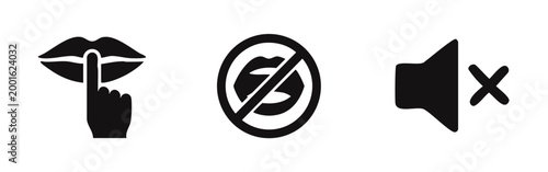 Cuadro en lienzo Set of black silence and mute icons: a shushing gesture, a no talking sign, and a mute speaker symbol