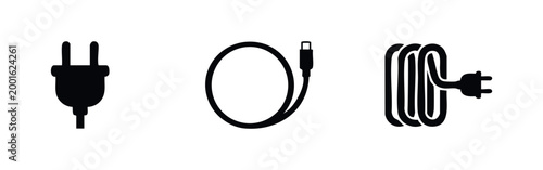 Photography A collection of black power and charging icons including an electric plug, a coiled USB-C cable, and a rolled extension cord on a white background