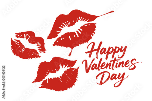 Red lipstick kiss marks with Happy Valentines Day text in bold script on white background, expressing love and romance concept