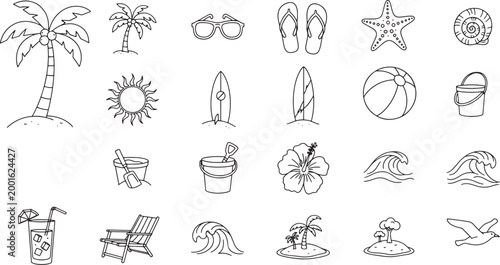 Hand drawn summer beach vacation icons set with palm tree surfboard sun and tropical sea elements
