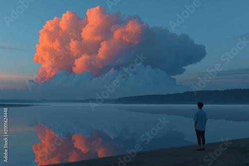 Young man watching large cloud reflected across calm waters