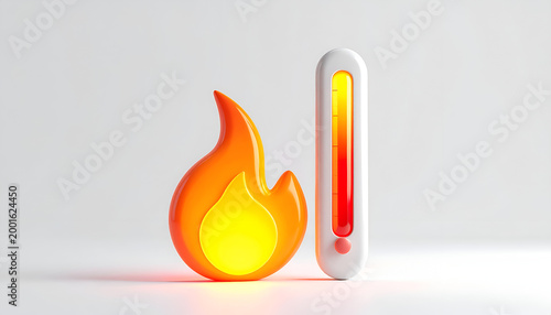 Stylized 3D Illustration of a Fire Icon and a Thermometer Showing High Temperature.