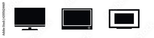 Set of minimalist black monitor and television icons on a white background, representing modern display technology and digital screens.