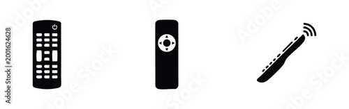 Set of three black television remote control silhouettes. Features classic, minimalist, and signal emitting designs isolated on white background.