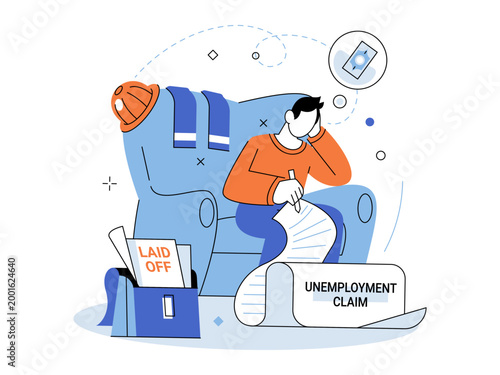 Man sitting in armchair filling out unemployment claim form vector illustration. Job loss, economic crisis, financial stress, social security, labor market, career change. Worker writing on paper.