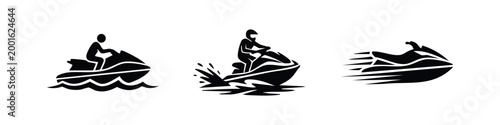 Set of black jet ski icons and silhouettes showing speed and action on the water. Minimalist vector illustration for sports and recreation design.