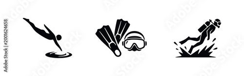 Set of minimalist black icons featuring a person diving, snorkeling gear, and a scuba diver. Perfect for aquatic sports and summer activity designs.