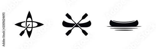 Fotografie Set of three minimalist black canoe and paddle silhouette icons for adventure, outdoor recreation, and nautical branding on a white background
