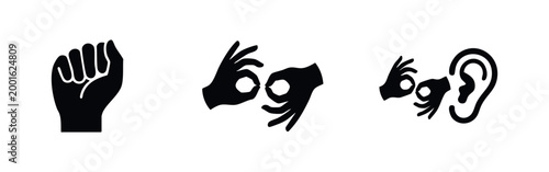 Black and white vector icons representing deafness, sign language interpretation, and hearing accessibility symbols on a white background.
