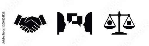 Vector icon set featuring a handshake, communication, and scales of justice, symbolizing business ethics, legal mediation, and conflict resolution.