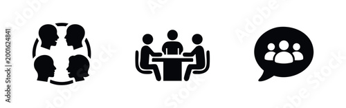 Set of black communication and teamwork icons featuring people in a meeting, a discussion circle, and a social media chat bubble on white background.