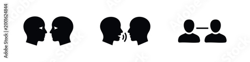 Set of three minimalist icons illustrating human communication, conversation, and interpersonal connection in a clean black silhouette style.