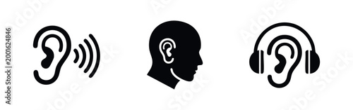 Schilderij op canvas A set of three minimalist black icons representing hearing, including an ear with sound waves, a human head profile, and an ear with headphones