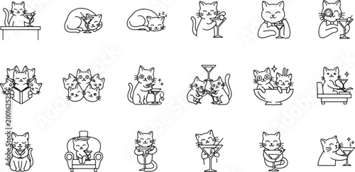 Set of cute cat characters drinking cocktails and relaxing in various funny poses and situations line art