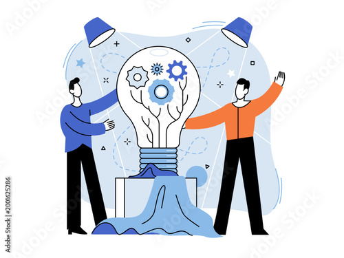 Two people unveil a light bulb with gears vector illustration. Startup launch, innovation, creative solution, teamwork, engineering, business growth. Characters reveal glowing lamp with cogs