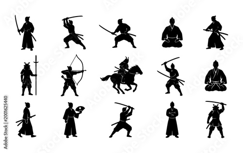 Konstfotografi Samurai Warrior Silhouettes, Japanese Bushido Fighter Poses, Feudal Japan Combat