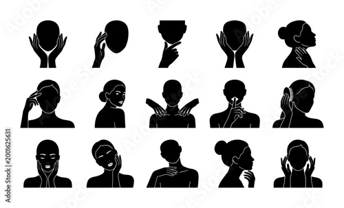 Facial Massage Icons Set, Skincare Routine Silhouettes, Beauty Treatment Vector Graphics, Wellness and Self-Care Illustrations