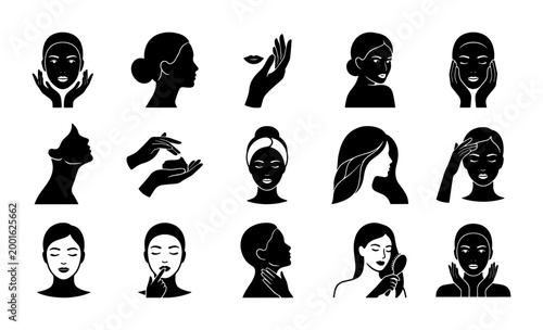 Beauty and Skincare Icons Set, Woman Face Care Vector Graphics, Cosmetic Application and Treatment Illustrations, Elegant Silhouette Collection