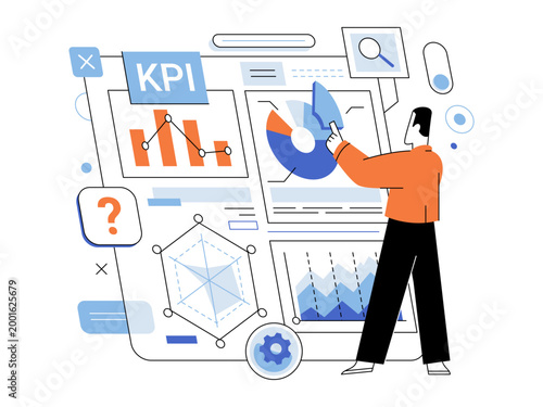 Professional man interacts with a digital KPI dashboard vector illustration. Data analysis, business growth, research, reports, finance, strategy. Manager viewing financial charts and analytics