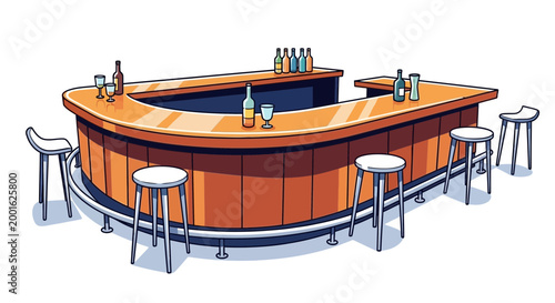 Modern Bar Counter with Stools and Bottles