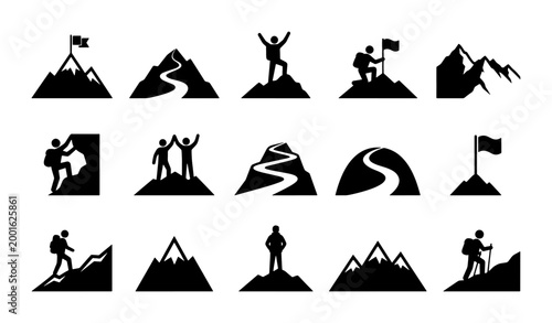 Mountain Climbing Icons Set, Summit Achievement Vector Graphics, Peak Success Symbols, Adventure Journey Silhouettes, 15 Elements
