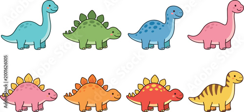 A charming collection of eight colorful cartoon dinosaur characters featuring adorable stegosaurus and long-necked sauropod species isolated on a clean white background.