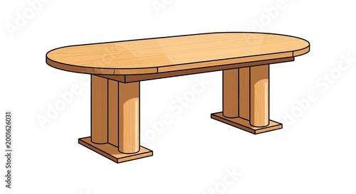 Oval wooden dining table with pedestal legs on white background