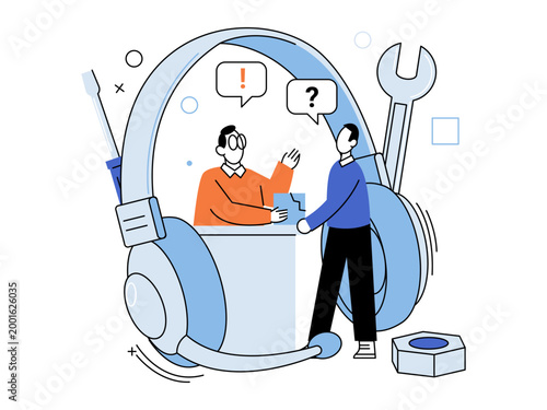 Two men discussing technical issues inside a giant headset vector illustration. Customer service, technical support, online help, repair, call center, troubleshooting. Support agents talking