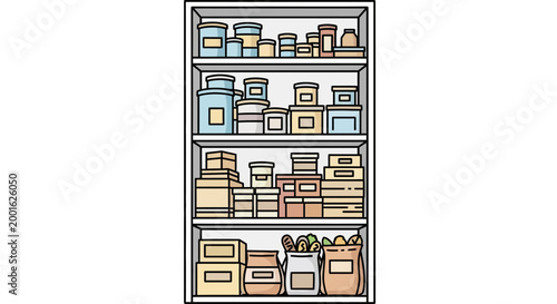 Pantry Shelves Stocked with Food Containers and Bags