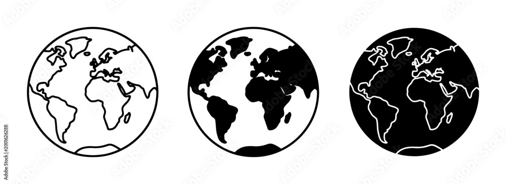 Obraz premium Earth Globe Icons, World Map Illustrations, Planet Earth Vector Graphics. Set of three distinct planet representations, including outline, solid black, and inverted black and white.