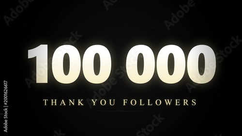 100, 000 followers milestone celebration - elegant gold champagne 100k achievement animation, cinematic social media subscriber counter, luxurious thank you outro with gold dust particles, text, inter