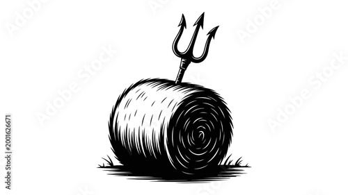 Farm hay bale with pitchfork in black and white pitchfork agriculture countryside equipment illustration