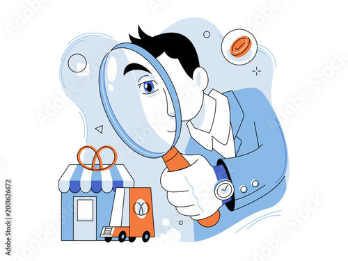 Man examining small shop and delivery truck vector illustration. Market research, business analysis, retail audit, logistics, monitoring, growth. Manager inspecting store with a magnifying glass