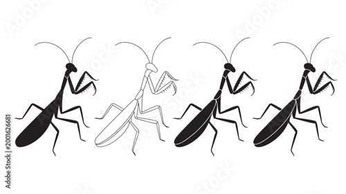 Multiple praying mantis figures with one outline version silhouette illustration creature isolated