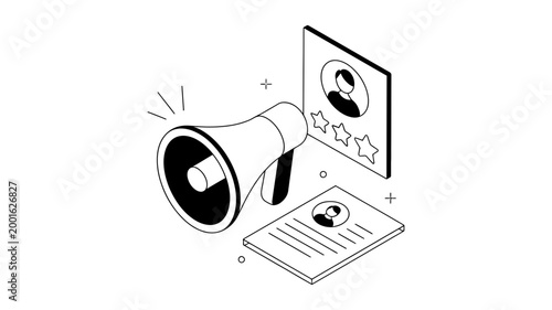 Megaphone icon with stars and profiles symbolizing positive feedback reviews or success in communication