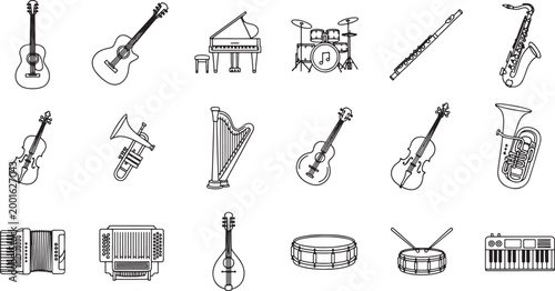 Set of musical instruments icons collection including guitar piano drums saxophone violin harp and accordion vector illustration