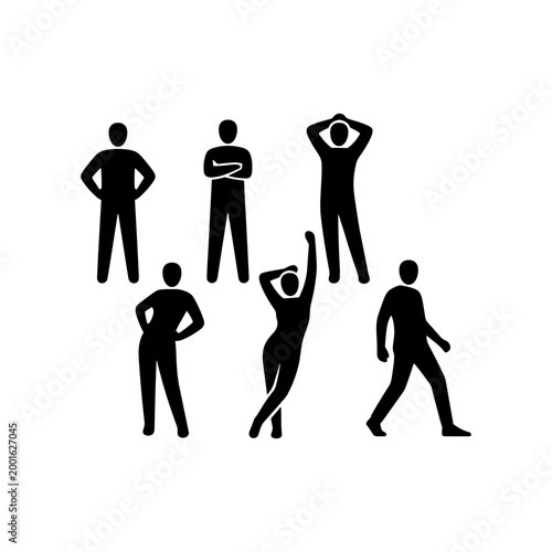 A group of six abstract black silhouette figures representing different human poses and actions.