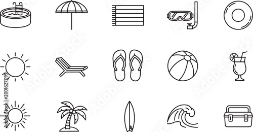 Set of summer vacation and beach holiday line icons including swimming pool umbrella towel and surfboard