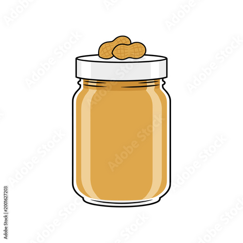 A jar of peanut butter topped with two whole peanuts and a white lid.