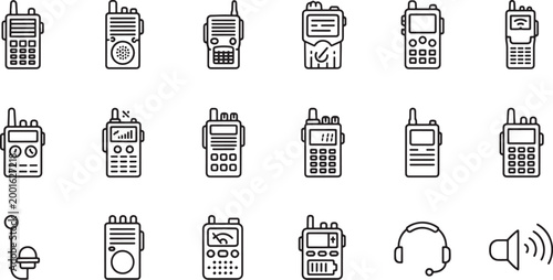 Set of walkie talkie icons, portable radio communication devices, two-way radio line art vector collection