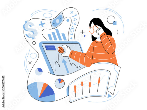 Woman analyzing financial data on a tablet screen vector illustration. Stock trading, investment growth, market analysis, planning, management, finance. Professional reviewing charts on device