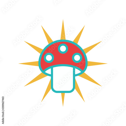 A cartoon mushroom with a red cap and white spots radiating yellow sunbeams.