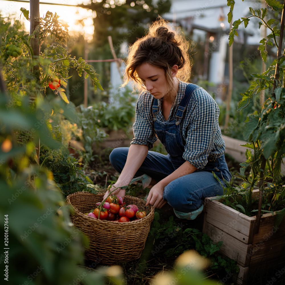Fototapeta premium Woman harvesting tomatoes in backyard garden showcasing organic gardening fresh produce and healthy sustainable lifestyle concept