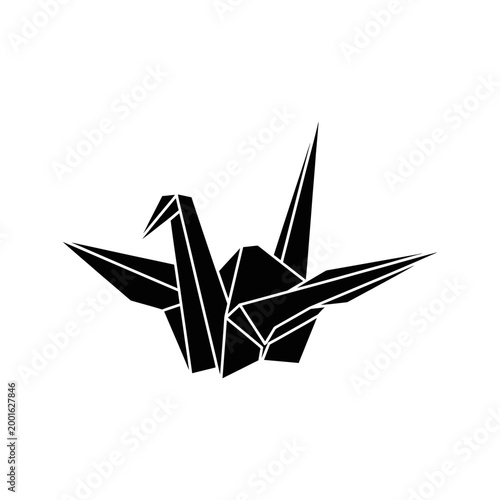 Minimalist Black Origami Crane Silhouette on White Background