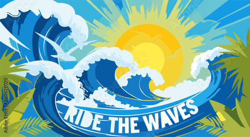 Ride the Waves: The image captures the dynamic energy of a vibrant summer day with a captivating illustration of waves. The artwork evokes the thrill of the ocean and the sun's warm embrace.