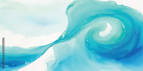 Abstract blue and teal watercolor swirl painting resembling a powerful ocean wave vortex on a white background with watercolor abstract turquoise painting background creative movement gradient